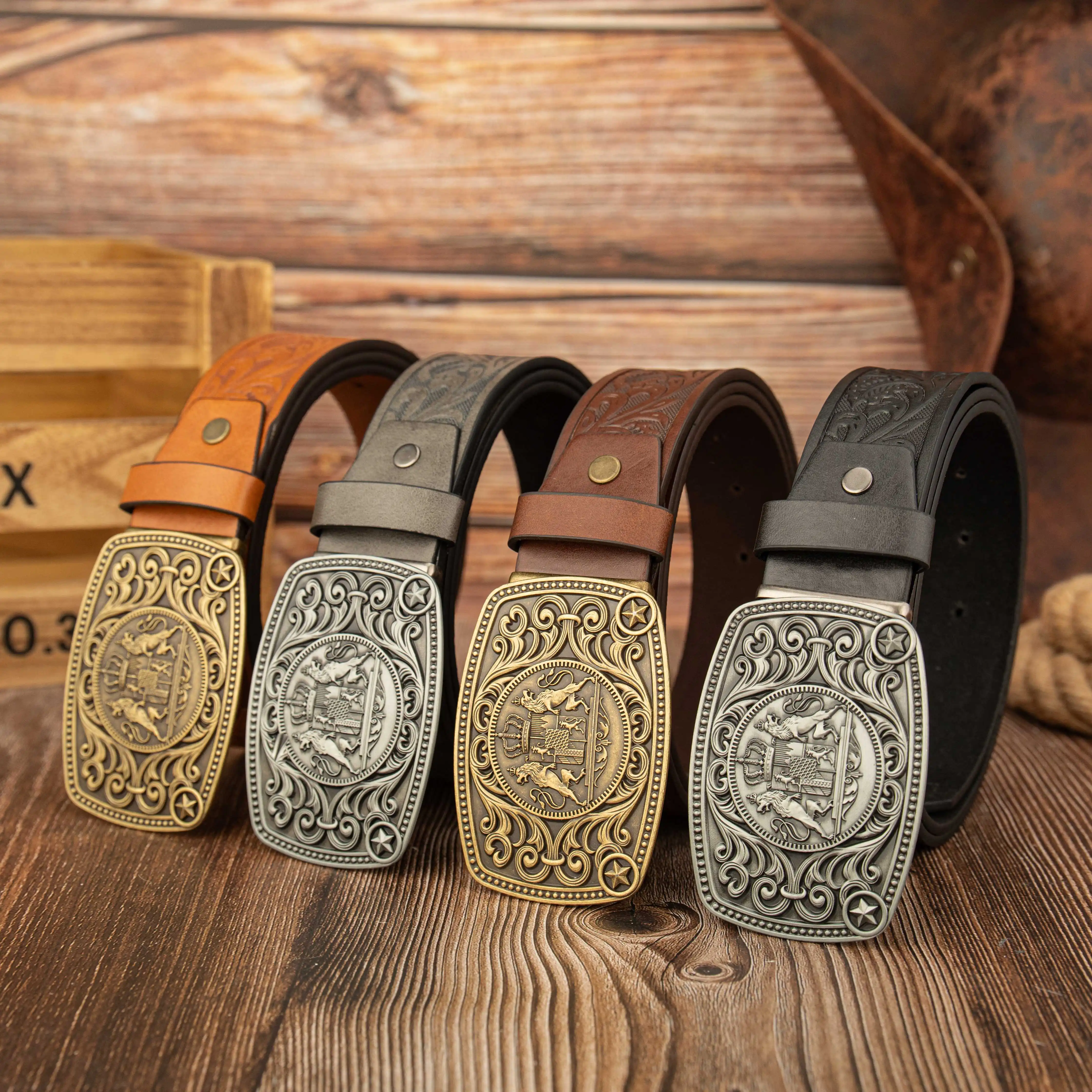 Cinturón Unisex Vintage con Hebilla de Aleación de Zinc con Corona Cuadrilátera de León de Circo y Grabado de Hojas y Ramas en PU, Ideal para Fiestas, Festivales y Regalos