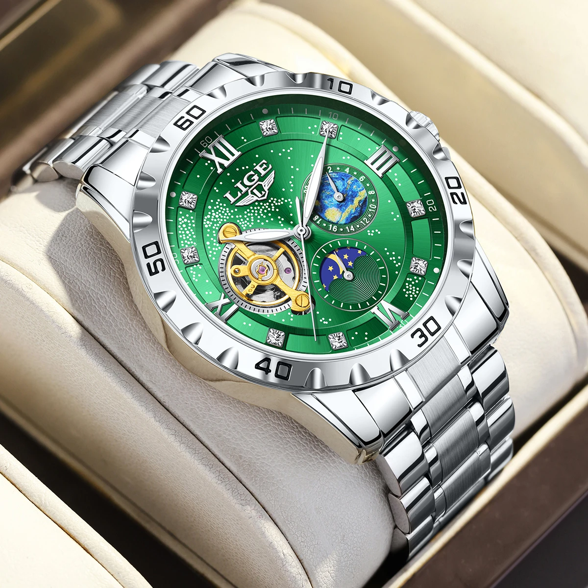LIGE 2026 Luxury Men Mechanical Watches Automatic Moon Phase Man Wristwatch Hollow Tourbillon Stainless Steel Men's Watches Male