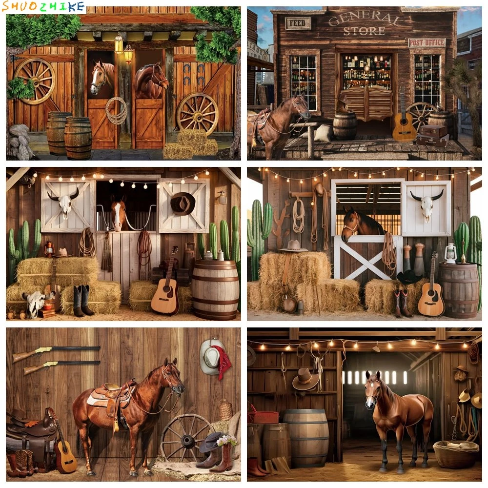 

Western Cowboy Stable Horse Backdrop Haystack Baby Shower Kids Birthday Party Photography Background Decor Photo Studio Props