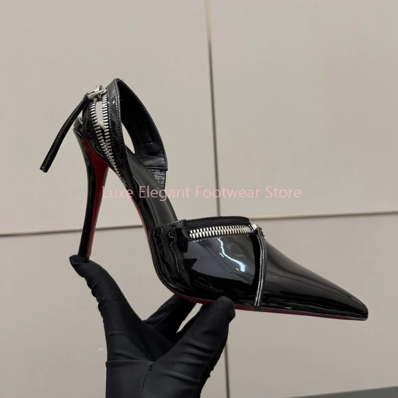 

Red Patent Leather Zipper Decor Slingback High Heels Women Fringe Back Strap Stiletto Sandals Luxury Sexy Slip On Party Shoes