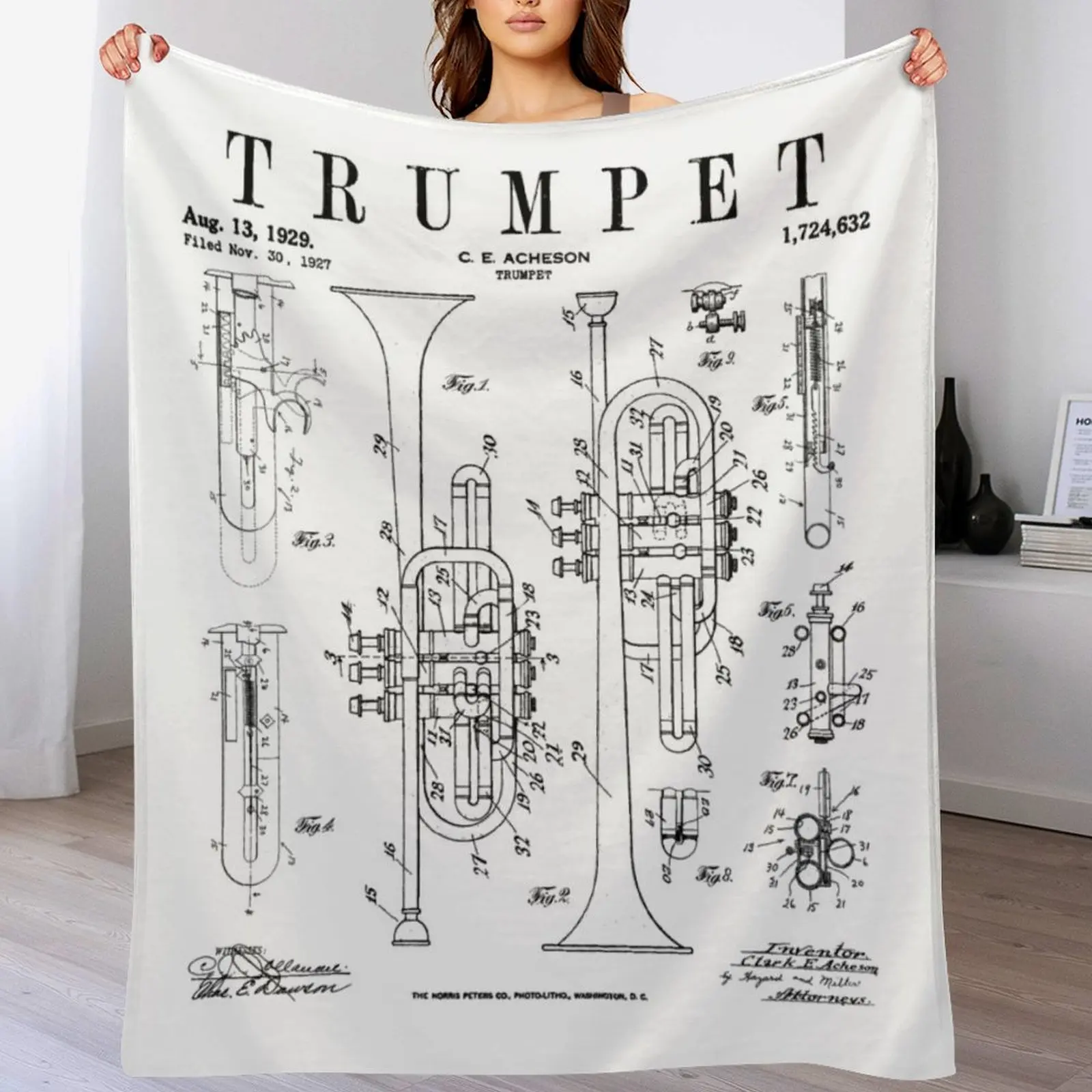 Trumpet Vintage Patent Trumpetist Drawing Print Throw Blanket