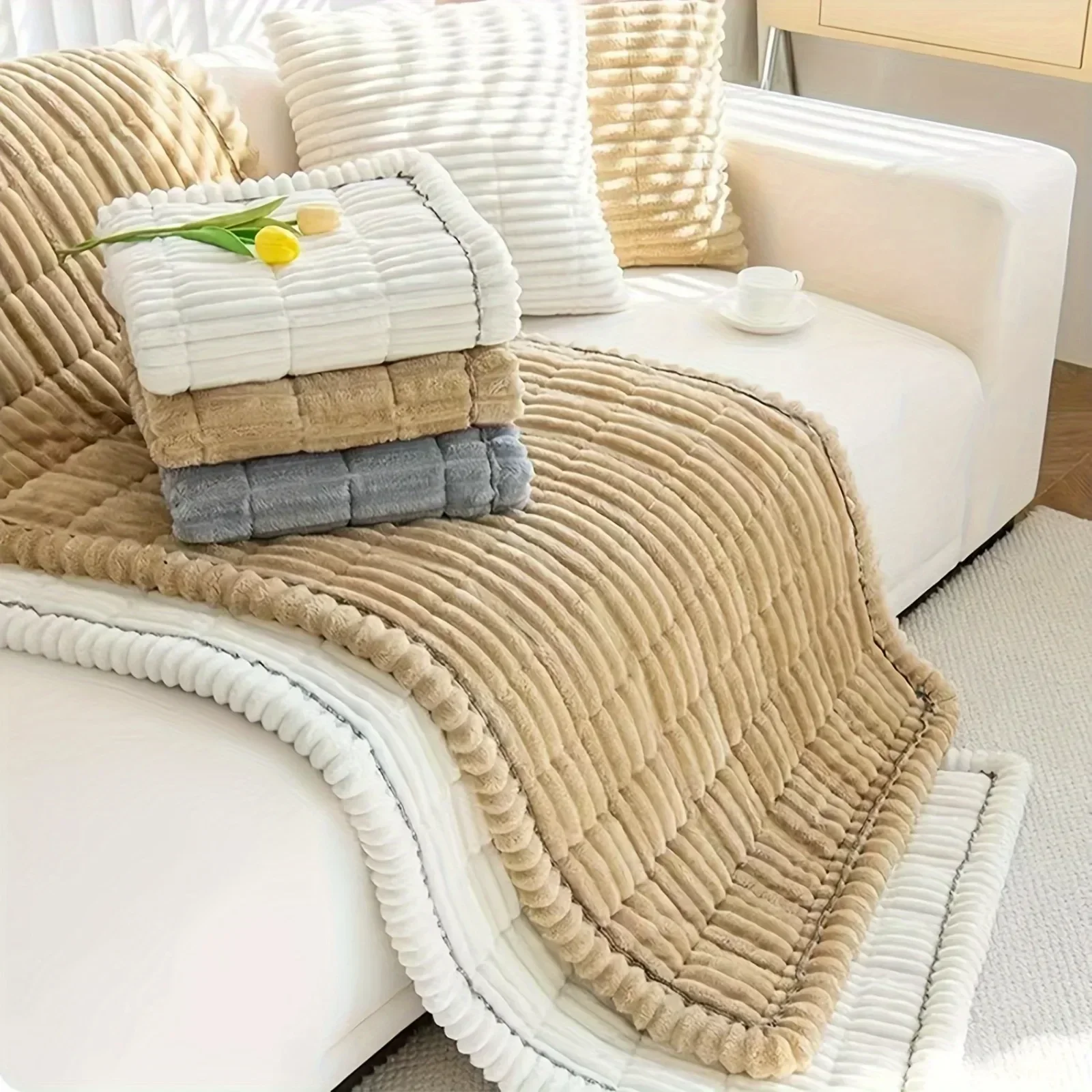 1PC Corduroy Quilted Sofa Towel Winter Warm Thickening Plush Cushion Couch Cover L-shaped Sectional Anti-slip Modern Sofa Cover