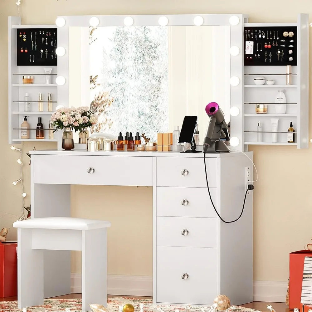 Vanity Desk with Lights Mirror Power Outlet, Sliding Drawers Space Saver, Lighting Color Brightness Adjustable, Vanity Desk