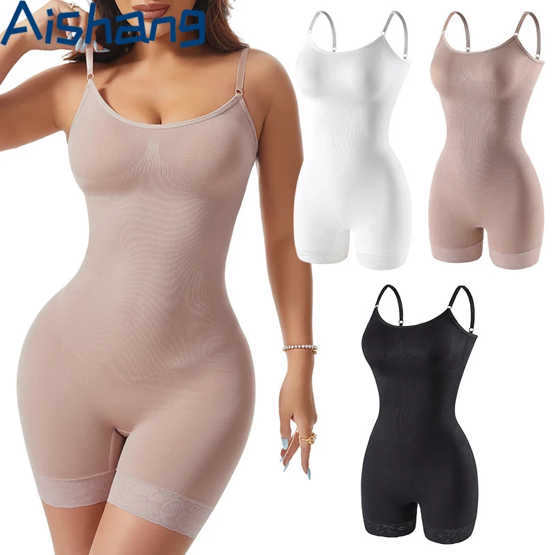 Body sculptant pour femme, gainant la taille et le ventre, longueur mi-cuisse, avec short en dentelle, sans couture