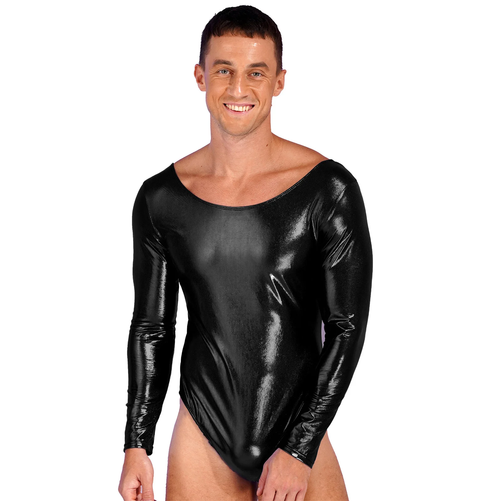 Mens Ballet Dance Gymnastic Leotard Long Sleeve Shiny Patent Leather Bodysuit Rave Party Nightclub Pole Dancing Clothes Clubwear