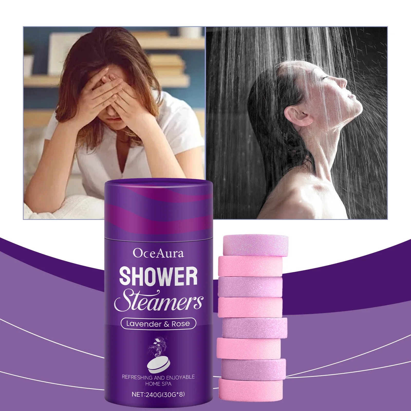 OceAura Lavender & Rose Shower Steamers - Aromatherapy Bath Tablets, Relaxing Shower Bombs, Stress Relief, 240g (30g x 8)