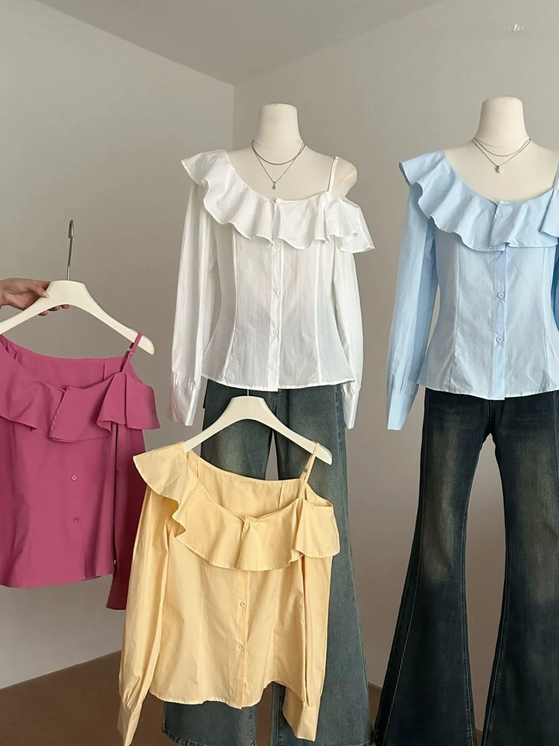 

Ele Blue irt Women's Faion oulder Bows Slimming Pleats Spring Autumn Season Korean Sle Loose Fit Long Sve