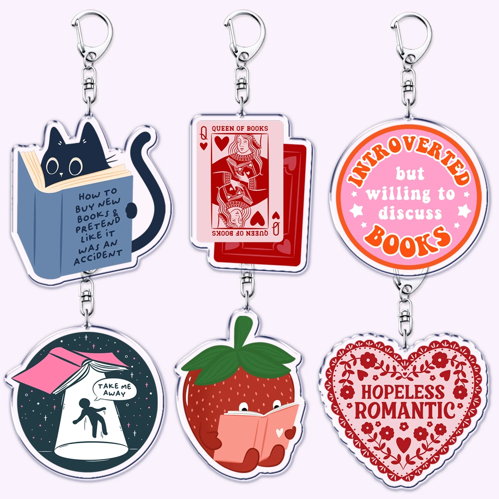 Cute Bookish Book Lover Cat Keychains for Women Accessories Bag Reading Reader Literature Keyrings Jewelry Friends Lovers Gifts