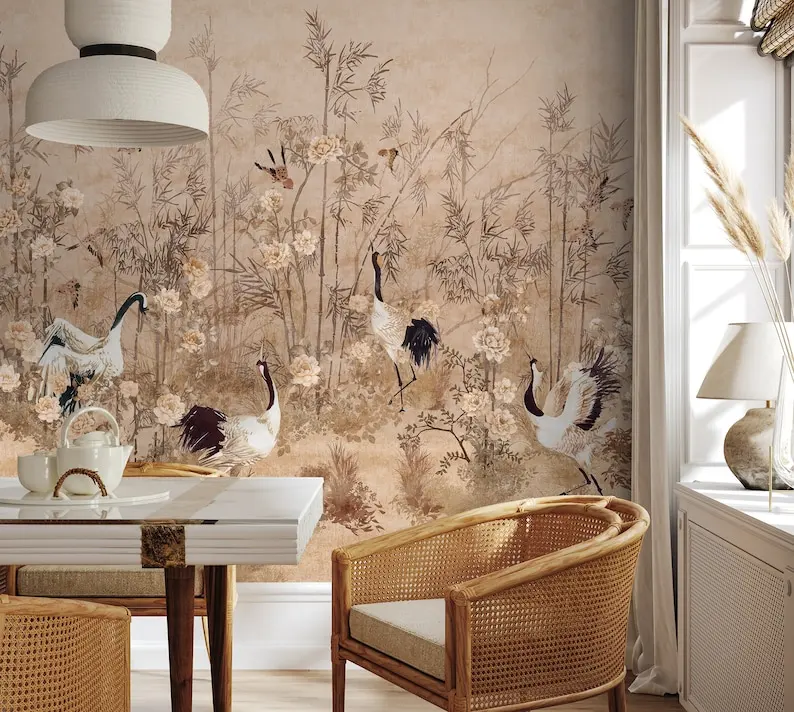 Boho Chinoiserie Landscape Wallpaper | Watercolor Crane Birds Asian Style Wall Mural | Soft Peony Tree with Birds Wallpaper