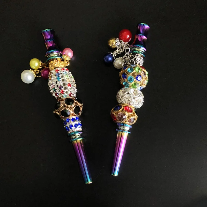 Luxury Bling Zinc Alloy Rainbow Rod Blunt Holder Handmade Metal Hookah Mouthpiece Mouth Tip with Rhinestones Jewelry