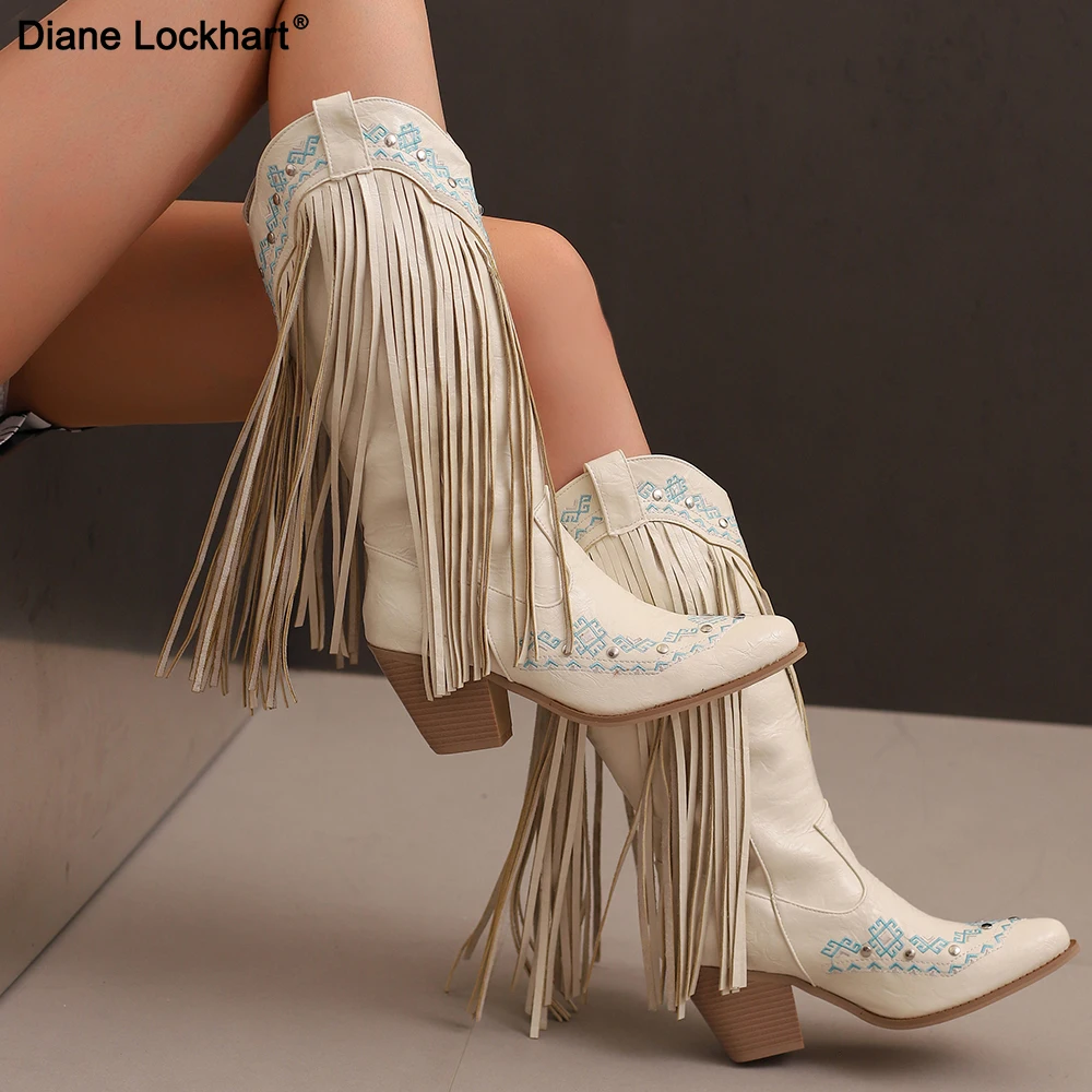 

Retro Embroidery Rivet Fringe Boots Women Pointed Toe Chunky Heel Knight Boot Mixed Colors Slip On Western Cowboy High Boots