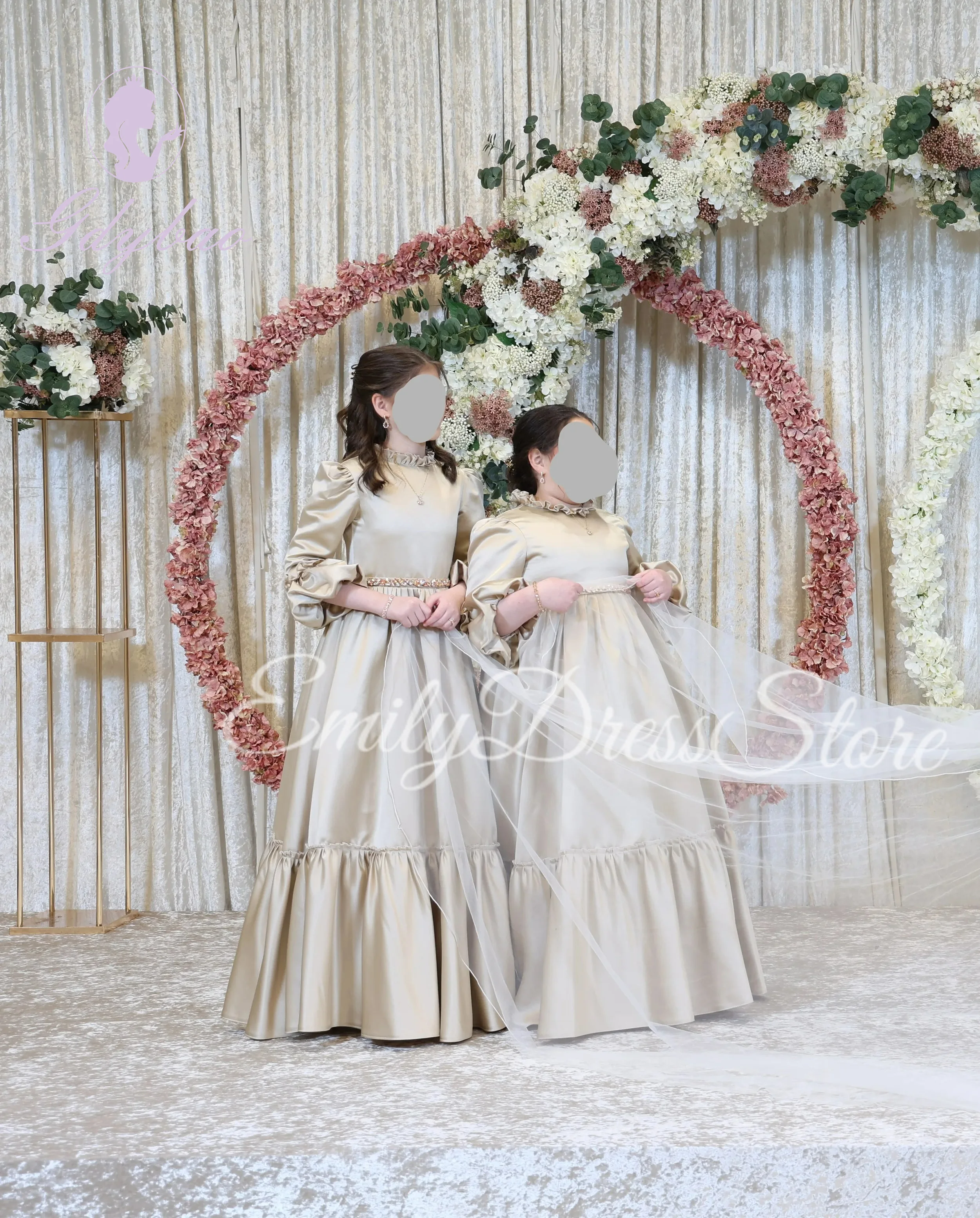 Customized Champagne Flower Girl Dress For Wedding Modest Puffy Satin 3/4 Sleeves Elegant Kids Birthday First Communion Gown