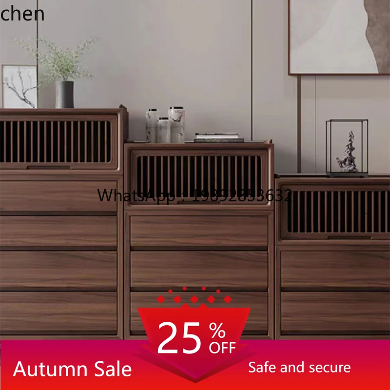 

new Chinese chest of drawers solid wood black walnut bedroom storage wall storage small apartment simple