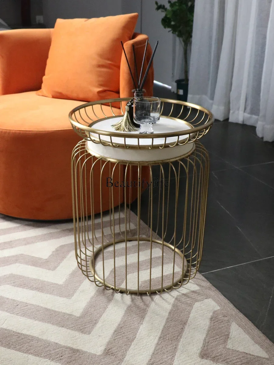 

.GG8Italian Mild Luxury Marble round Stainless Steel Side Table Living Room Creative Sofa round Tea Table