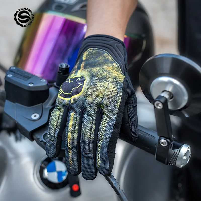 SFK 오토바이 장갑, 진짜 가죽, 통기성 스마일 디자인, 오토바이 라이딩 너클 보호, 터치 스크린 내마모성