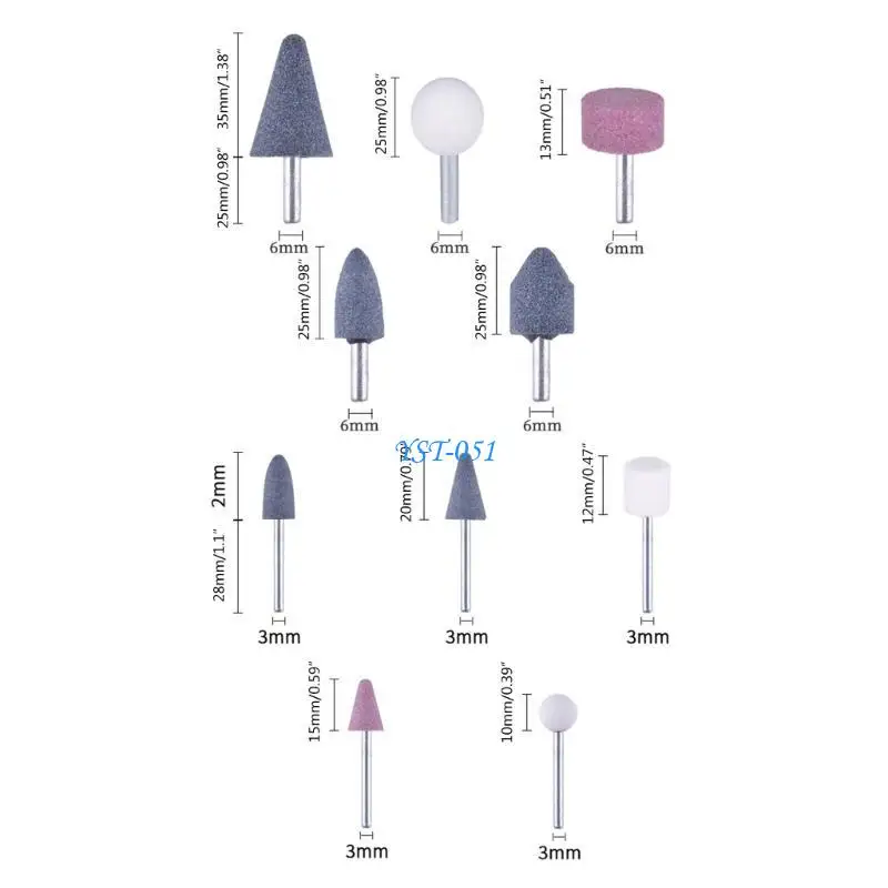 E15A 10pcs حجر الكشط نقاط الحجر الكهربائي ملحقات الطحن الكهربائية تلميع مجموعات أدوات عجلة رأس الطحن لأداة الدوران