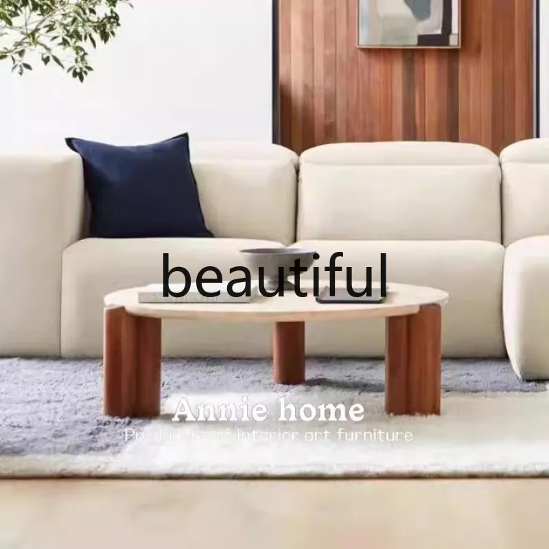 Travertine coffee table French medieval marble retro small coffee table creative solid wood natural living room white