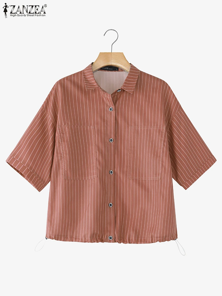 

Women Striped Shirts 2025 ZANZEA Summer Tunic Tops Fashion Short Sleeve Pockets Button up Casual Blouse Elegant Office Blusas
