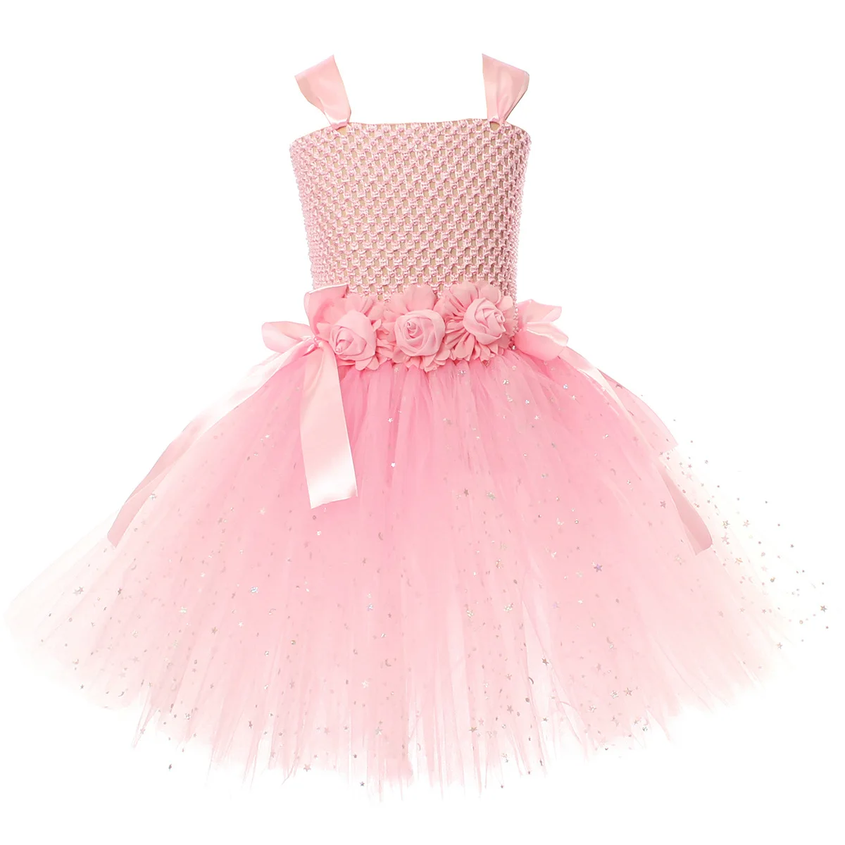 Girl Pink Fluffy Sparkly Gorgeous Fairy-like Princess Tutu Dress With Flower Decoration Accessories Set For Halloween Party Wear