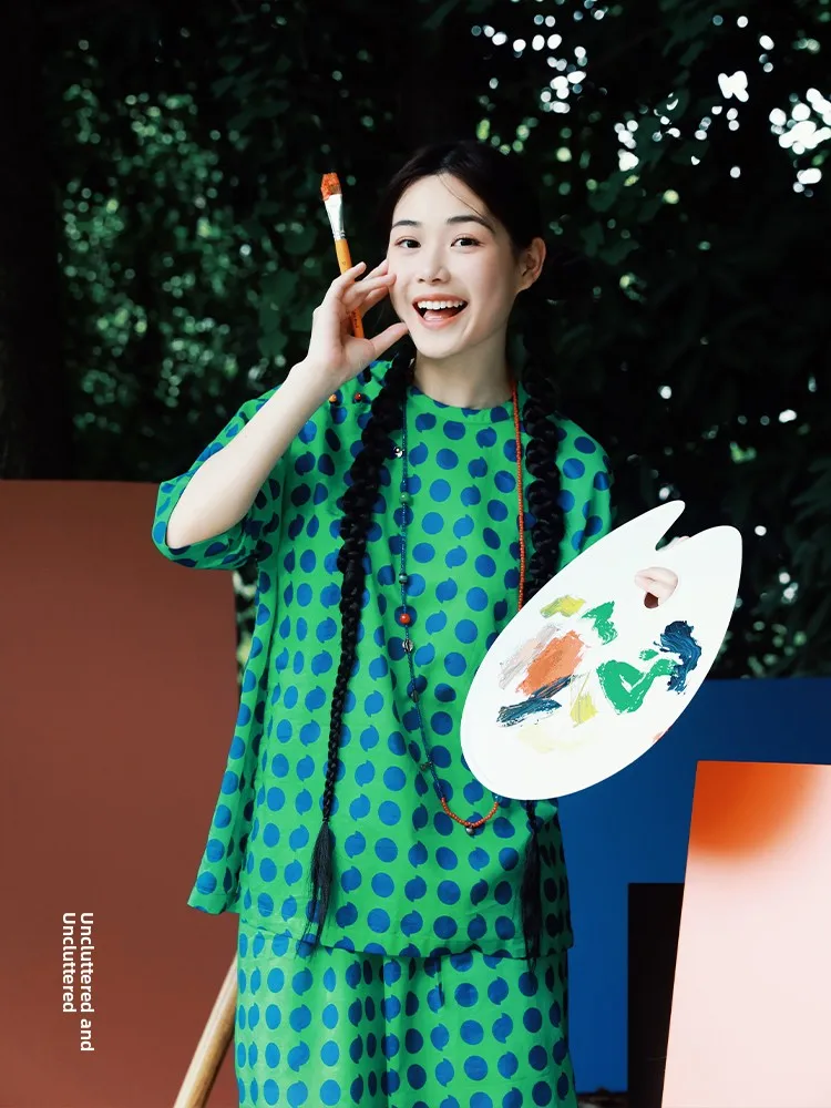 

Mint Candy Polka Dot Pure Cotton Loose Waist Wide Leg Pants Artistic Vintage Summer Set Short Top Wide Leg Pants Ensemble