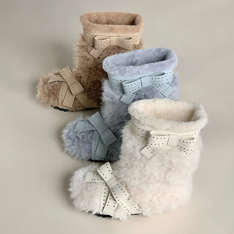 

Women Butterfly Knot Decorated Snow Boots Plush Outdoor Warm Cotton Shoes Comfortable Winter Fashion Mid Length Boots New