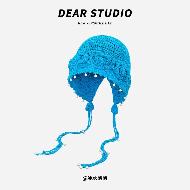 الكورية اللؤلؤ قلادة رقيقة الجوف محبوك قبعة المرأة الربيع والصيف مهدب جديلة الدانتيل متابعة كبير رئيس بلوفر كروشيه قبعة