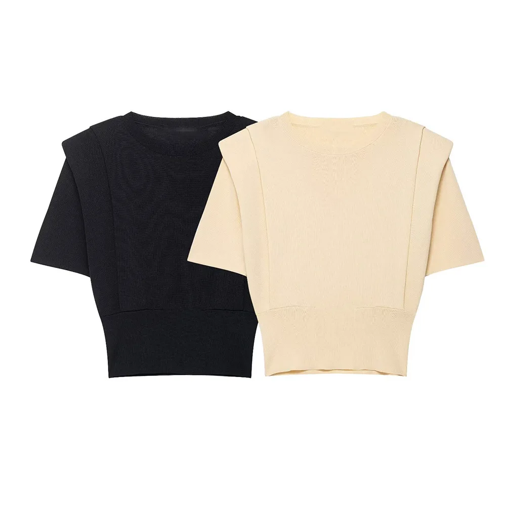 

European and American foreign trade women's summer new style shoulder pads round neck slim sweater top for women