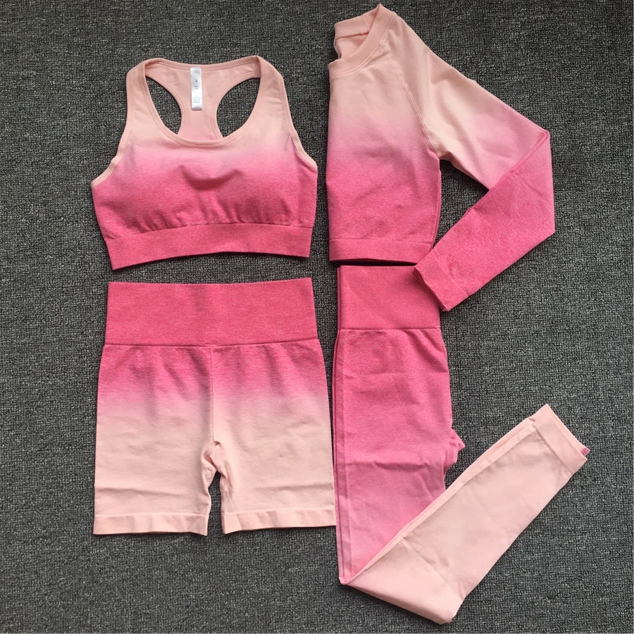 QK 2024 1PCS Seamless Women Fitness Gradient Yoga Set Ombre Squat Proof Workout Gym Leggings Running Tracksuit Sports Suits