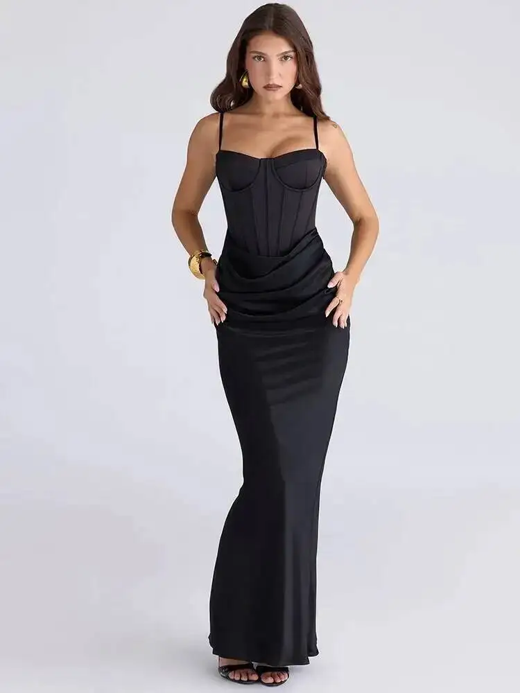 

Blifanbo Spaghetti Strap Sexy Maxi Dress Women Gown Backless Elegant Strapless Sleeveless Black Ruched High Waist Club Dresses