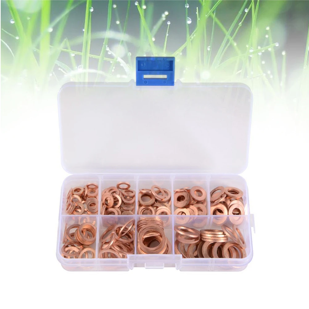 200pcs Copper Sealing Ring Set Flat Washer Assortment High-Temperature Resistant Electrical Thermal Conductive For Sump Plug