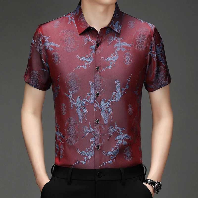

Gentleman Trends Luxury Shirts For Men Short Sleeve Vintage Print Summer Silky Cool Feeling Quality Breathable Camisas De Hombre