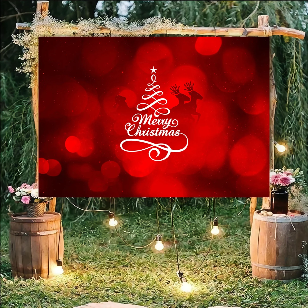 

Merry Christmas Tree Background Red Gorgeous Fantasy Backdrop Photography Family Photo Shooting Banner Festival Decorations