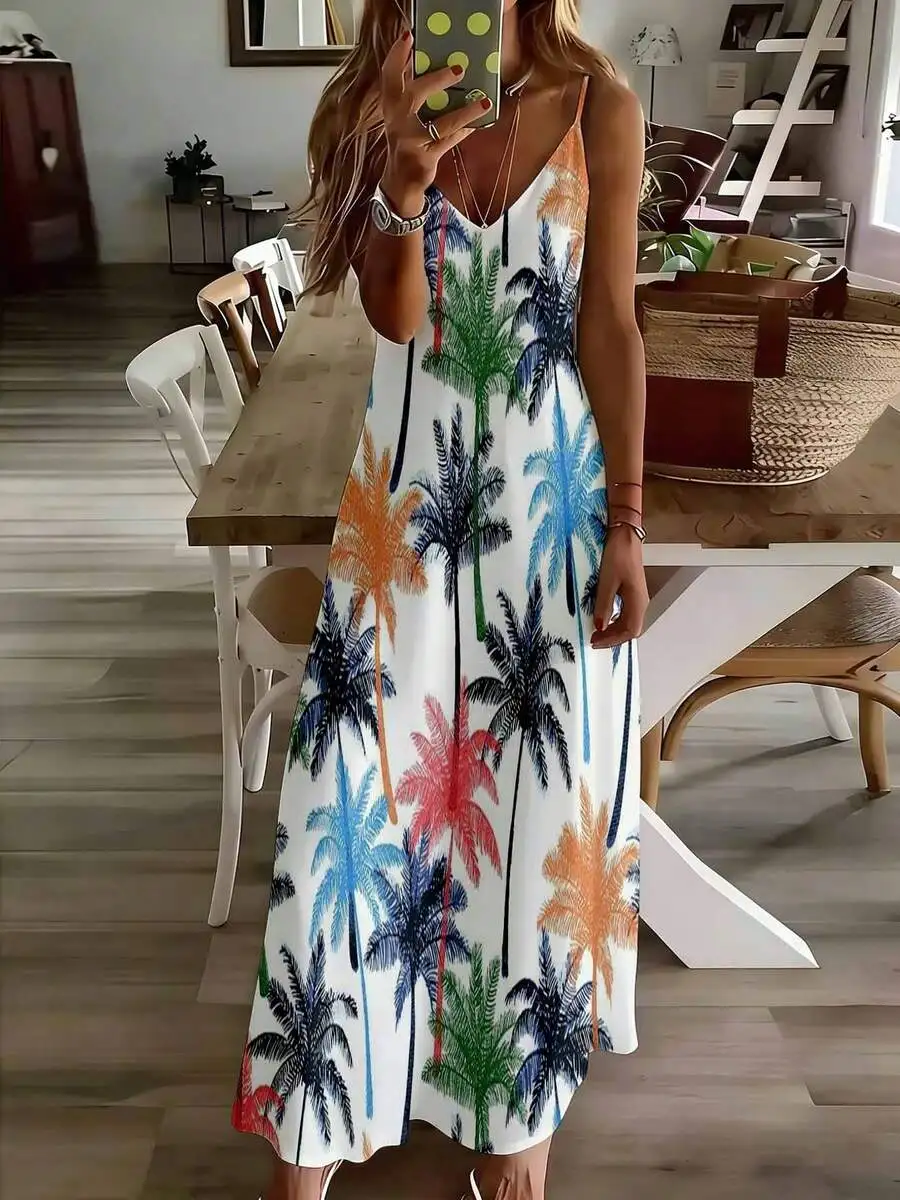 

Colorful Palm Tree Print Sleeveless Maxi Dress Women Summer Beach Vacation Casual Outfit
