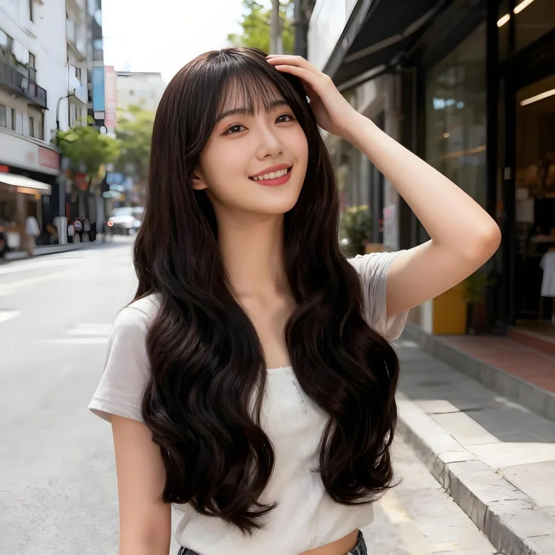 

Women's Wig Korean Style Air Bangs Long Curly Hair Big Waves Elegant Face-Slimming Synthetic Full Wig