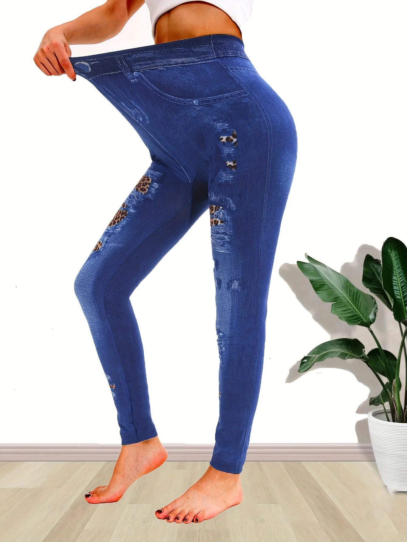 Damskie sportowe, bezszwowe, obcisłe legginsy z imitacji dżinsu z nadrukiem w panterkę, elastyczne, przycięte spodnie z wysokim stanem — zdjęcie 6