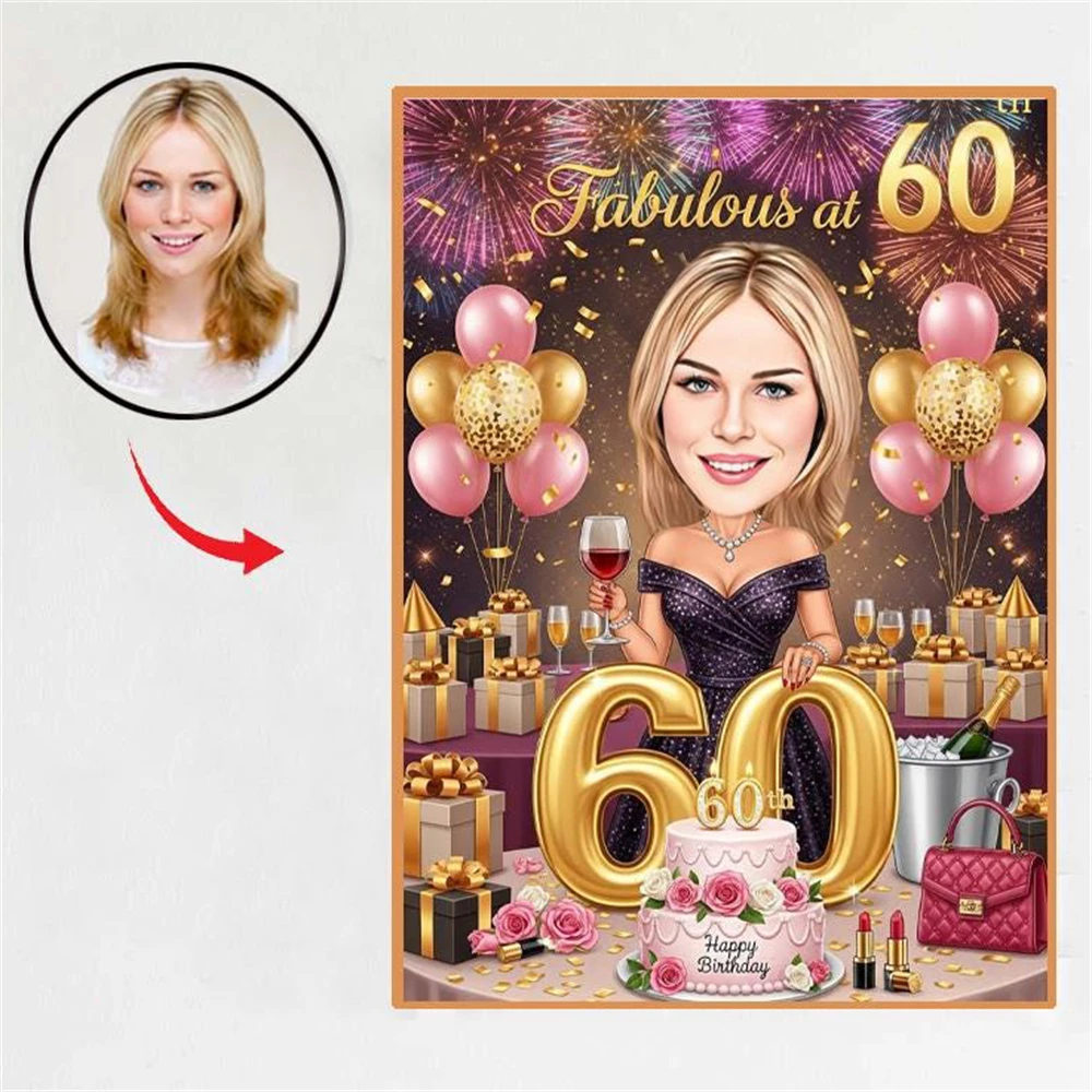 60th Birthday Custom Caricature Cartoon Portrait Print Personalized Cartoon Portrait Poster Funny Birthday Celebration Gifts Art