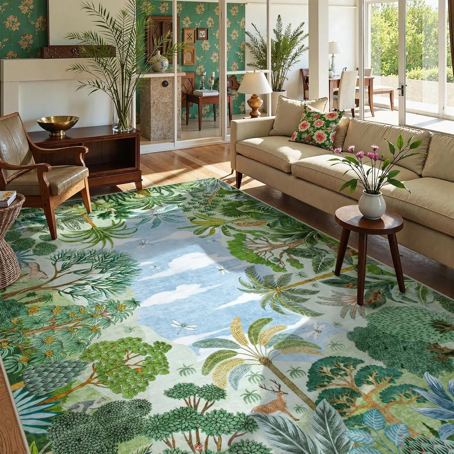 

Зеленый ковер для гостиной, большой коврик для машинной стирки, прикроватный напольный коврик для спальни, четыре сезона, стиль джунглей, украшения дома, коврики