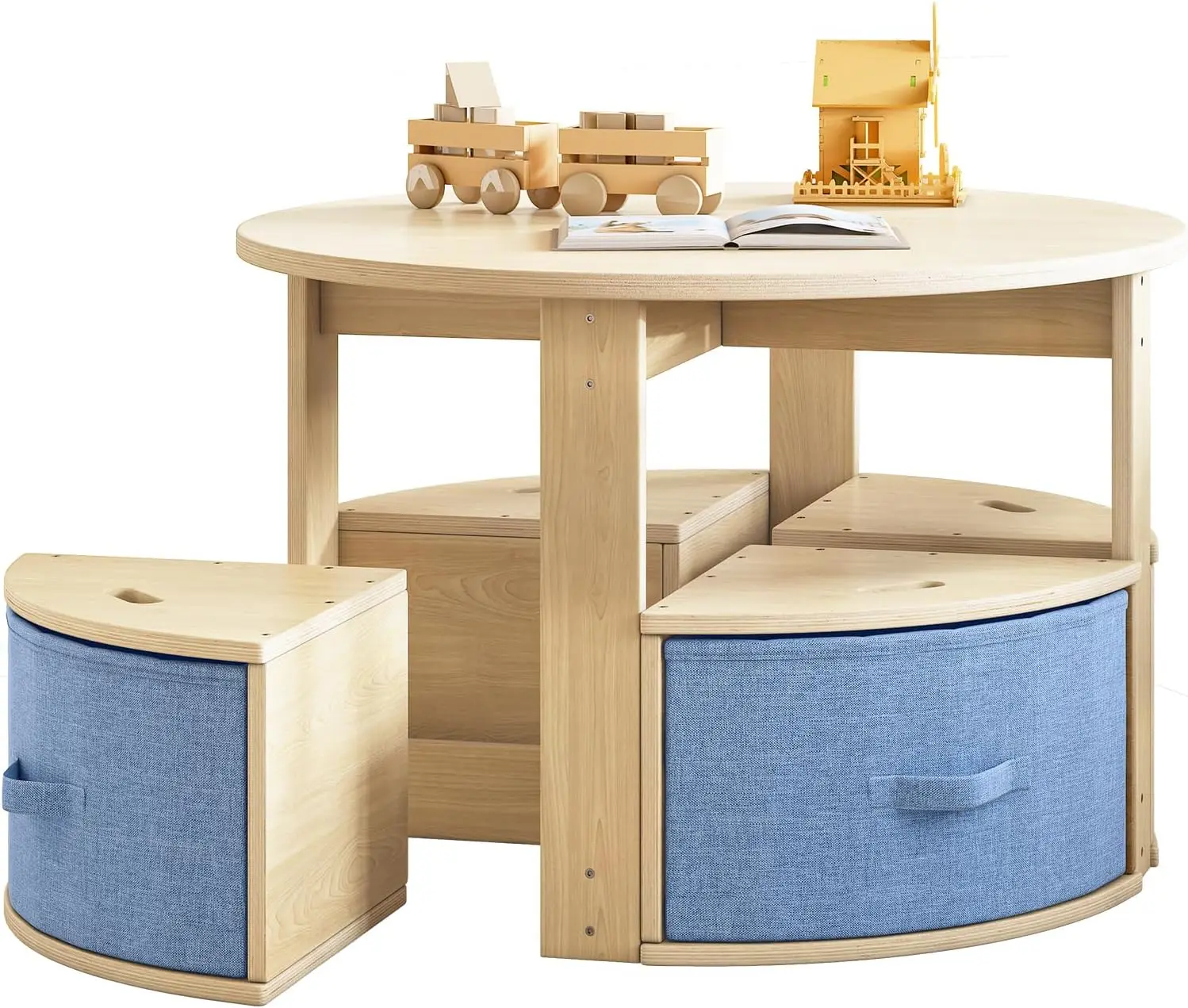 

Round Kids Table and 4 Chairs Set with Storage Bins, Solid Wood Toddler Activity Table for Play, Art, Reading, Snacks