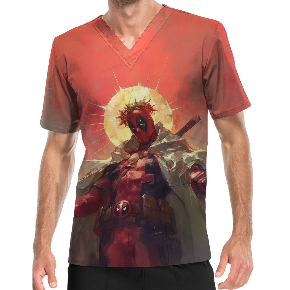 V-Neck Print Scrub Top Surgical Gown Men's Deadpool Pattern Printed Medical Uniform Doctor Nurse Surgical Gown Top