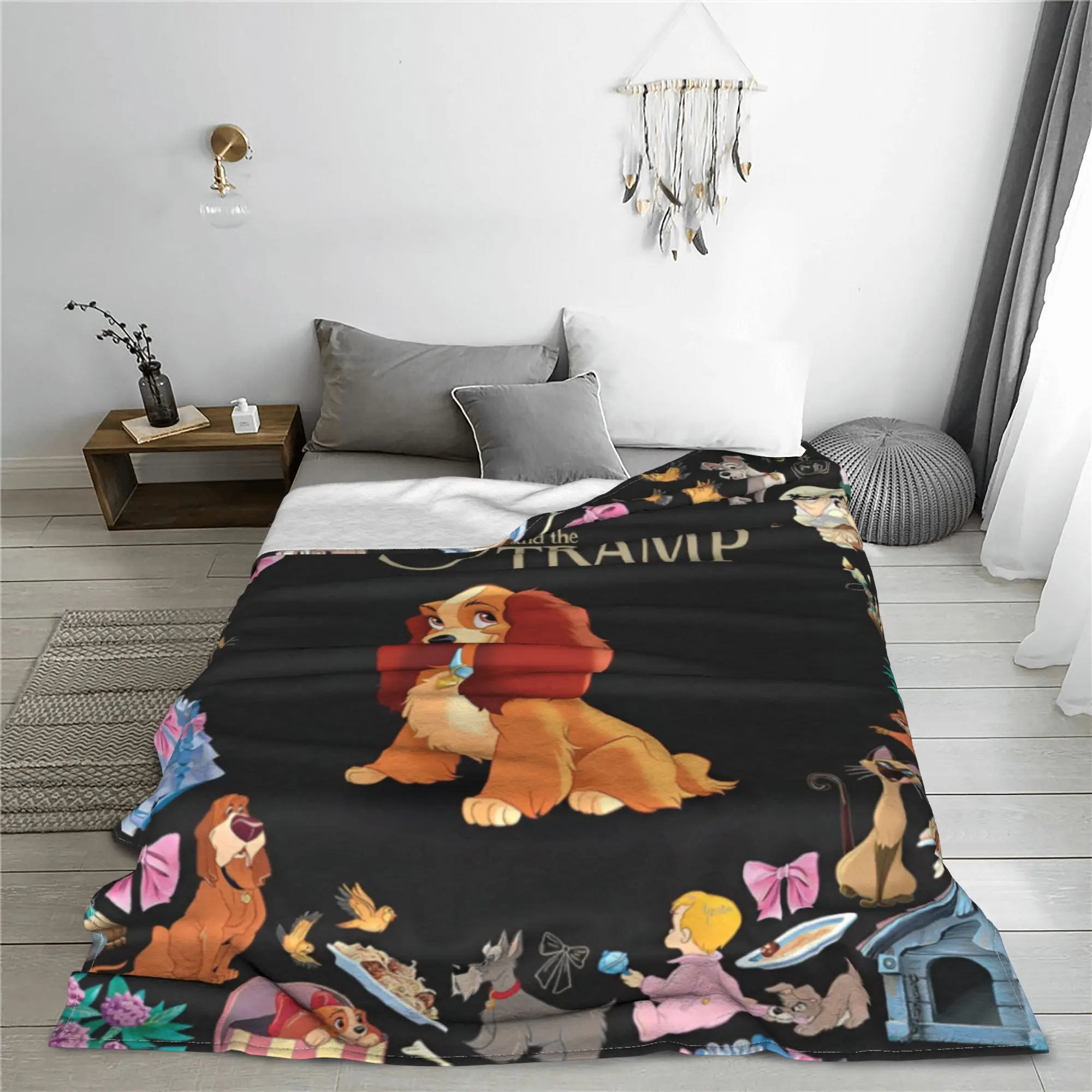 Lady and The Tramp Flannel Throw Blankets Cocker Spaniel Stray Dog Blankets Sofa Bedroom Lightweight Thin Outdoor Multi-function