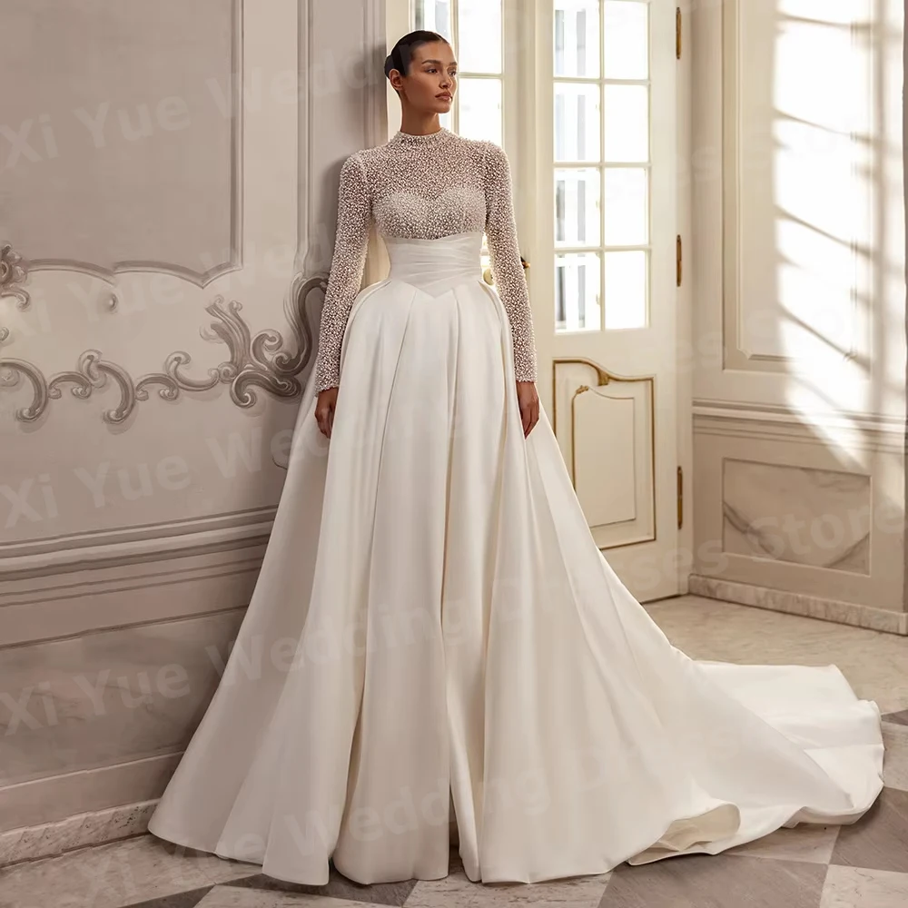 Fascinating A Line Women's High Neck Wedding Dresses Vestido De Novia Long Sleeve Pearls Bride Gowns Customized Robe De Mariée