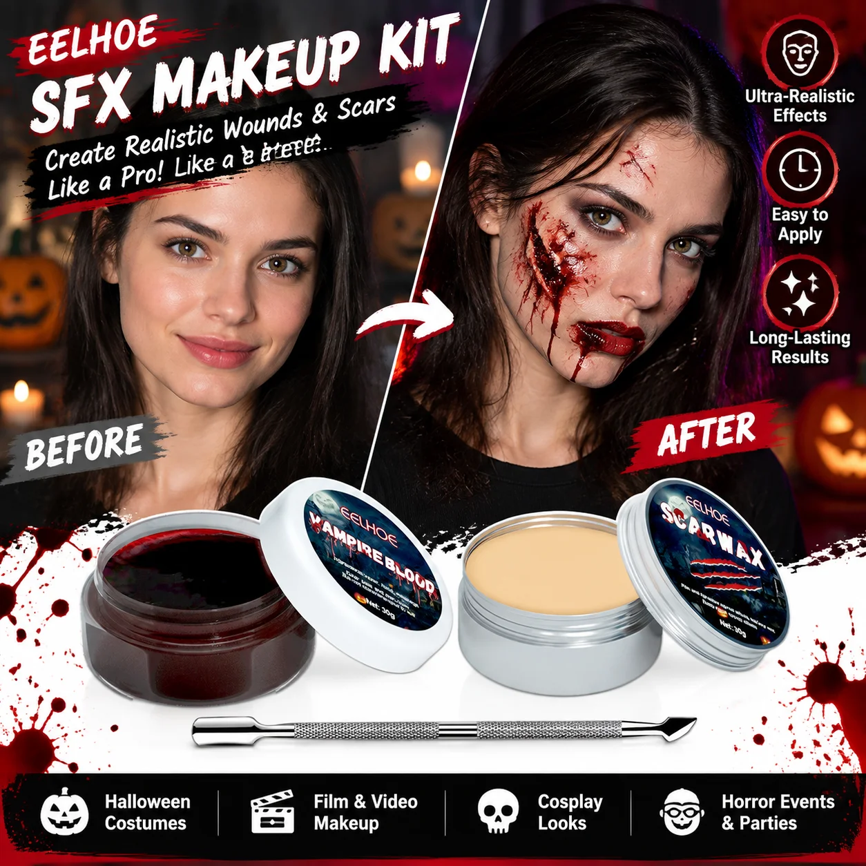 Halloween Makeup Kit 60g SFX Scar Wax Fake Blood Gel Set Safe Special Effects Wound Makeup Zombie Party Supplies For Women