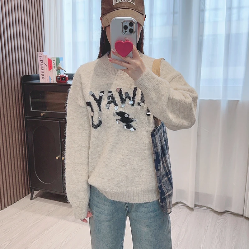 

2024 Women's Autumn/Winter Sequined Letter O-neck Pullover Sweater Fashion Sweater Long Sleeve lazy style Knit Tops ﻿