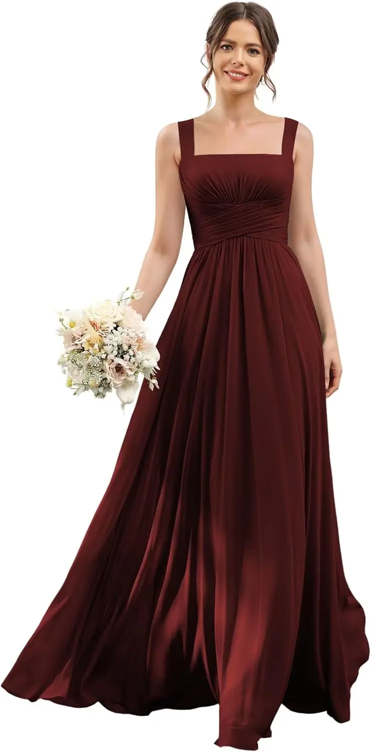 2025年 スクエアネック オフショルダー ブライズメイドドレス スリムなスパゲッティストラップ プリーツシフォン バックレスデザイン フォーマルウェディング用