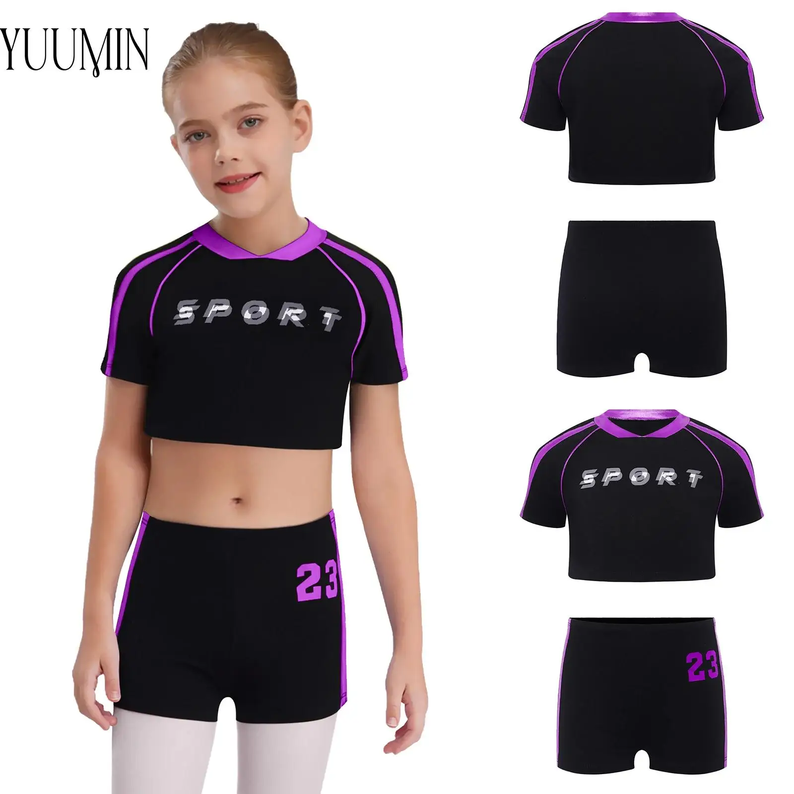 

Kids Girls Workout Gym Costume Outfit 2025 Color Block Sports Sets Short Sleeve Crop Top with Shorts for Exercise Yoga Running