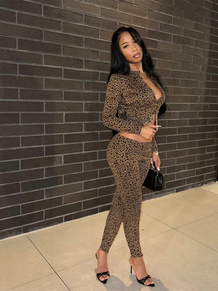 

Nibber Leopard Print Woman 2 Piece Set Button-Down Mini Long-Sleeved Top+Cropped Trousers Sexy Comfortable Wild Midnight Suit