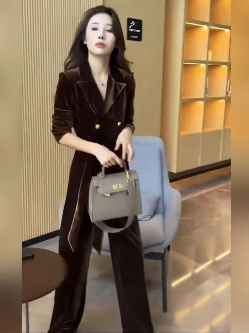 New High Quality Velvet Women's Jumpsuit Fashion Spring Autumn Elegant Slim Waist Lapel Long Sleeve Office Lady Jumpsuits