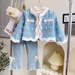 2024 Spring Korean Children Girl Coat Cotton Pearl Button Long Sleeve Baby Girl Cardigan Lace Hem Toddler Girl Open Stitch Coats