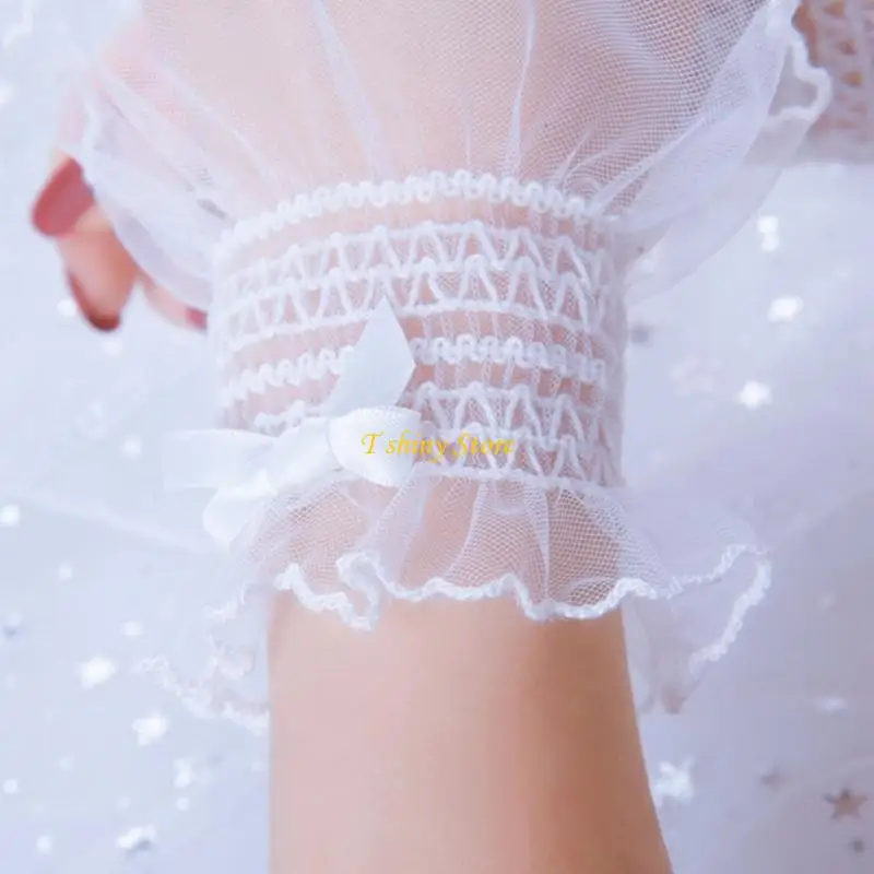 N58F Japanese Sweet Shirred Elastic Wrist Cuffs Color Ruffled Lace Trim Bowknot Bracelet Wristband Women Girls