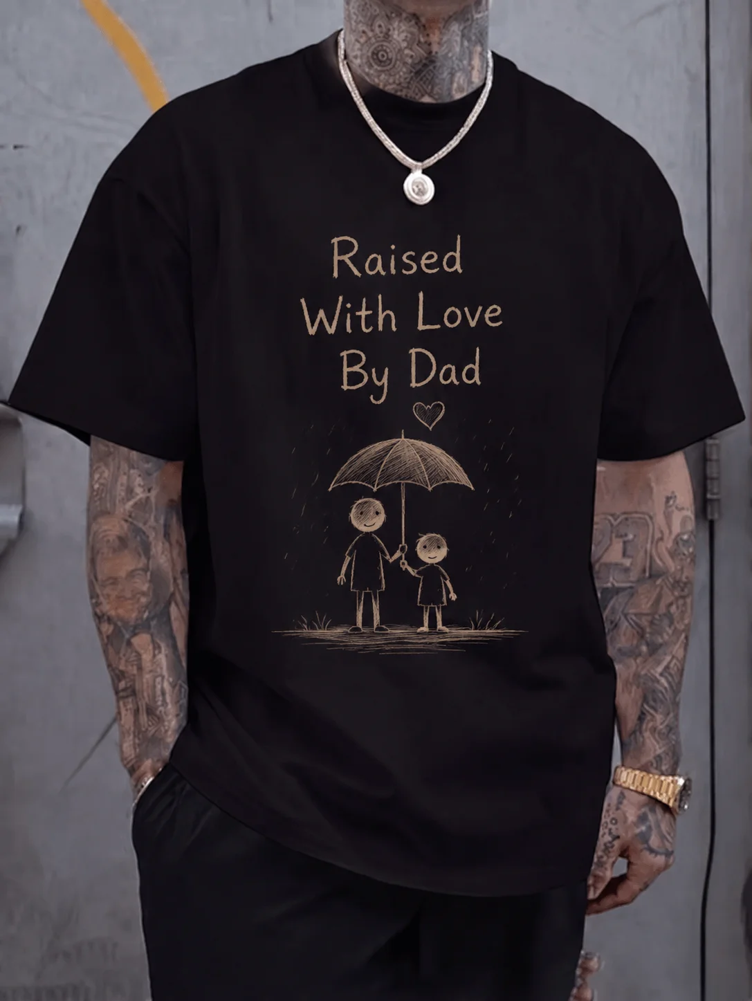 

Men Graphic Tee Short Sleeve Loose Fit Dad Tee Raised with Love by Dad Sketch Print Father and Son Umbrella Illustration Family